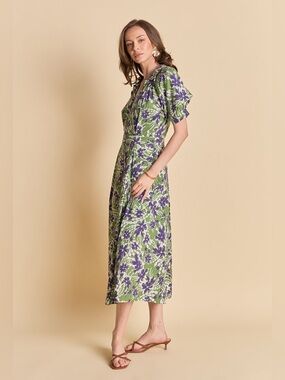 NWT English Factory Green Purple Floral Printed Midi Dress Size Small